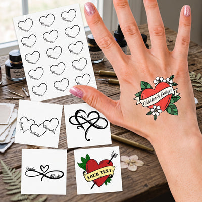 15 Pcs Personalized Heart Temporary Tattoos Custom Name Waterproof Tattoo Stickers Funny Party Favors Gifts for Birthday Bachelorette Wedding Pool Party Milestone Graduation