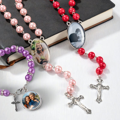 Personalized Photo Rosary Beads Necklace Memorial Necklace for Women Christian Cross Necklace Catholic Necklace with Custom Photo Prayer Gift Memorial Gift Mother's Day Gift Birthday Gift
