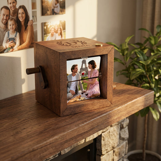 Personalized Photo Flip Box Custom Hand Crank Photo Album with Light & Name Anniversary Keepsake for Him & Her Gifts for Couple Family Christmas Day Father’s Day Wedding Birthday Gift
