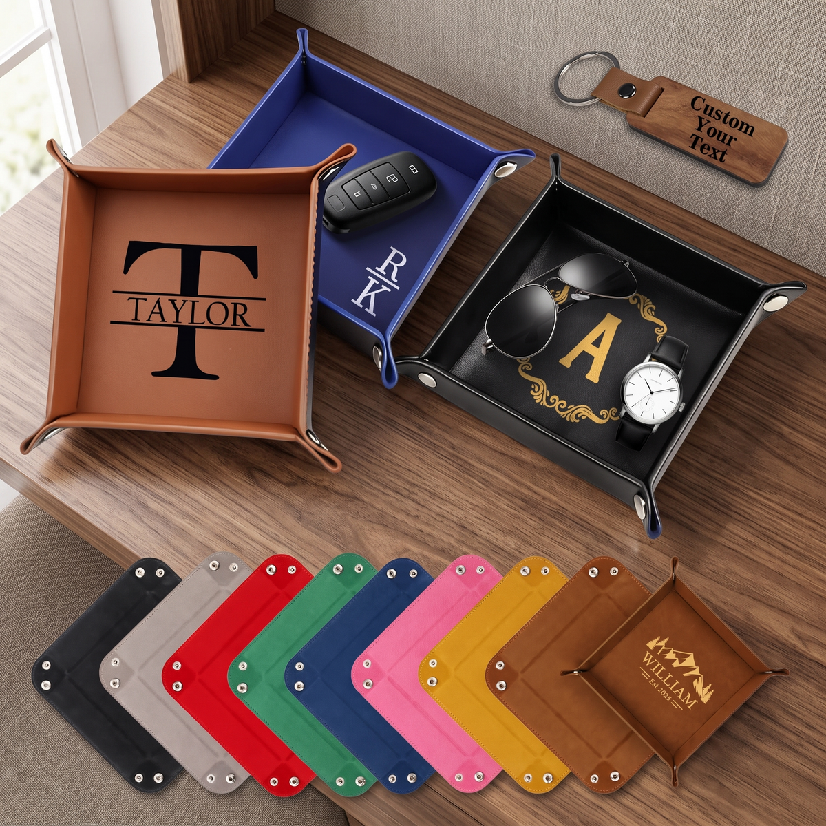Personalized Valet Tray for Men Custom Key Bowl Portable Waterproof PU Leather Valet Tray for Keys Wallet Remote Controller Keys Phone Wallet Coin Jewelry Men Gifts for Christmas