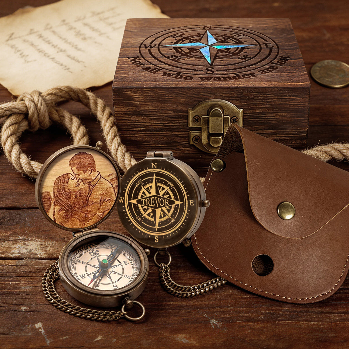 Personalized Engraved Compass with Wooden Box