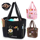 Personalized Birth Flower Corduroy Crochet Bag for Women 11.5" Large Yarn Storage with Custom Name Multiple Pockets & Grommets Needle Holders Knitting Bag for Crochet Lovers Mom Grandma