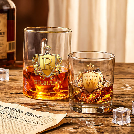 Personalized Golden Badge Whiskey Glass 10 oz Glass Glass for Scotch Bourbon Custom Initial and Name Gifts for Bartender Dad Husband Boyfriends Party Favor Birthday Father's Day Gifts