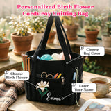 Personalized Birth Flower Corduroy Crochet Bag for Women 11.5" Large Yarn Storage with Custom Name Multiple Pockets & Grommets Needle Holders Knitting Bag for Crochet Lovers Mom Grandma