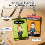 Personalized Teacher Lanyard with ID Holder Custom Cartoon Character and Name PU Leather Card Holder with Breakaway Lanyard/Retractable Reel Teacher Back to School Gifts for Women Men