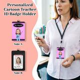 Personalized Teacher Lanyard with ID Holder Custom Cartoon Character and Name PU Leather Card Holder with Breakaway Lanyard/Retractable Reel Teacher Back to School Gifts for Women Men