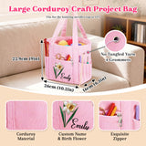Personalized Birth Flower Corduroy Crochet Bag for Women 11.5" Large Yarn Storage with Custom Name Multiple Pockets & Grommets Needle Holders Knitting Bag for Crochet Lovers Mom Grandma