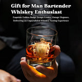 Personalized Golden Badge Whiskey Glass 10 oz Glass Glass for Scotch Bourbon Custom Initial and Name Gifts for Bartender Dad Husband Boyfriends Party Favor Birthday Father's Day Gifts