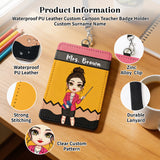 Personalized Teacher Lanyard with ID Holder Custom Cartoon Character and Name PU Leather Card Holder with Breakaway Lanyard/Retractable Reel Teacher Back to School Gifts for Women Men