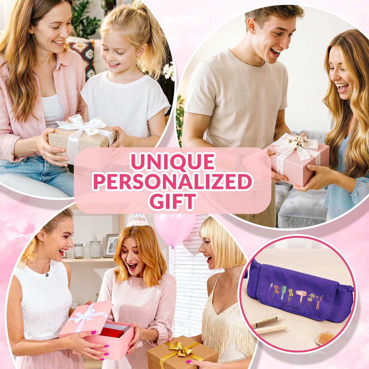 Personalized Heat-Resistant Hair Tools Travel Bag – Custom Birth Flower & Name Organizer for Dyson, Shark & Hot Tools