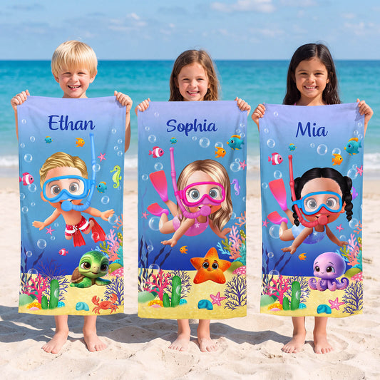 Personalized Kids Beach Towel Cute 3D Diver Kid Diving Boy Cartoon Print Towel Custom Name Quick Dry Microfiber Fabric for Summer Vacation Beach Party Birthday Gifts for Kids Boys Girls