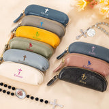Personalized Genuine Leather Rosary Pouch Cross Print Rosary Bag with Name Mini Coin Purse Portable Rosary Storage Case Gifts for Christians Catholic Religious Baptism Women Family