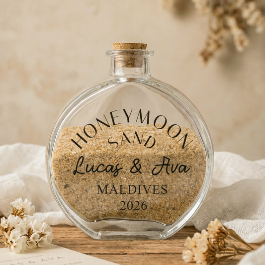 Personalized Glass Honeymoon Memory Keepsake Sand Jar with Name and Date Wedding Vacation Gift for Couples Bride Groom Newlyweds