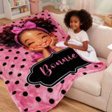 Personalized Polka Dots Cute Cartoon Little Girl Blanket with Name Flannel/Sherpa Soft Bed Couch Throw Home Decor Birthday/Christmas Gift for Girls