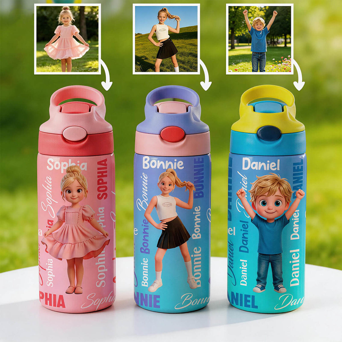 Personalized Kids Water Bottle Custom 3D Cartoon Character BPA Free 16oz Transparent Sports Water Bottle with Straw Handle and Name Birthday Back to Schoold Xmas Gifts for Boys Girls