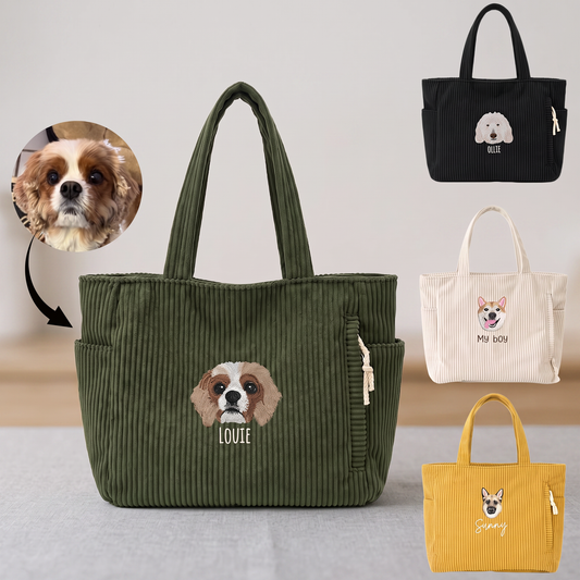 Personalized Embroidered Pet Face Tote Bag Custom Corduroy Tote Bag Cat Portrait Shoulder Bag Travel Accessories Pet Memorial Gift Gifts for Pet Owners Dog Mom Cat Mom Family Friends