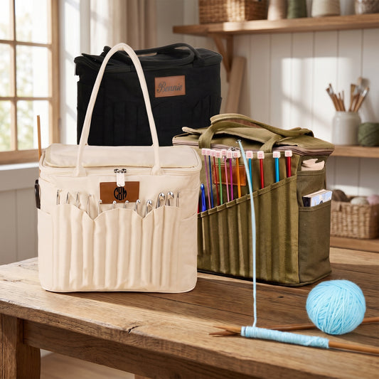 Personalized Knitting Bag with Name Leather Patch Canvas Yarn Bag Yarn Holder for Crochet Lovers Pottery Tool Bag Art Supply Storage Student Artist Gift Mother's Day Gift Birthday Gifts