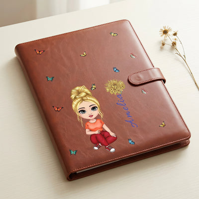 Personalized Sketchbook Cover with Name and Cartoon Character PU Leather Birth Flower Notebooks Cover with Storage Pocket Traveler's Sketchbook Gifts For Artists Teacher Student Daughter