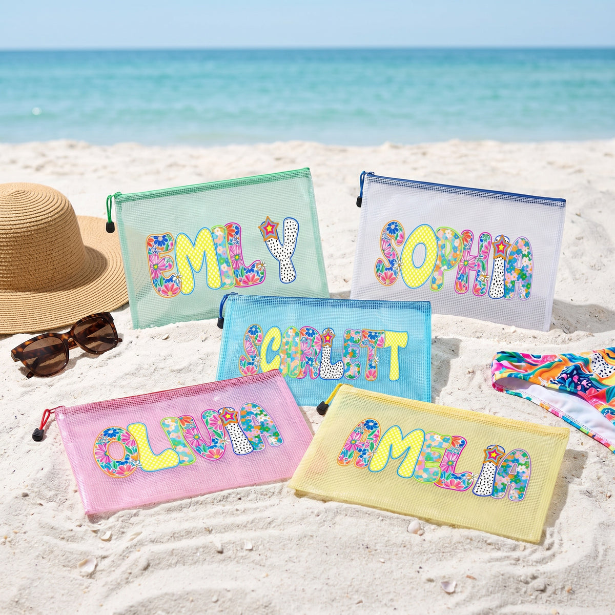 Personalized Beach Bag with Artistic Name Custom Pool Bag for Women Waterproof Beach Bag with Zipper Wet Dry Mesh Design Beach Pouch For Pool Beach Vacation Birthday Summer Party Travel