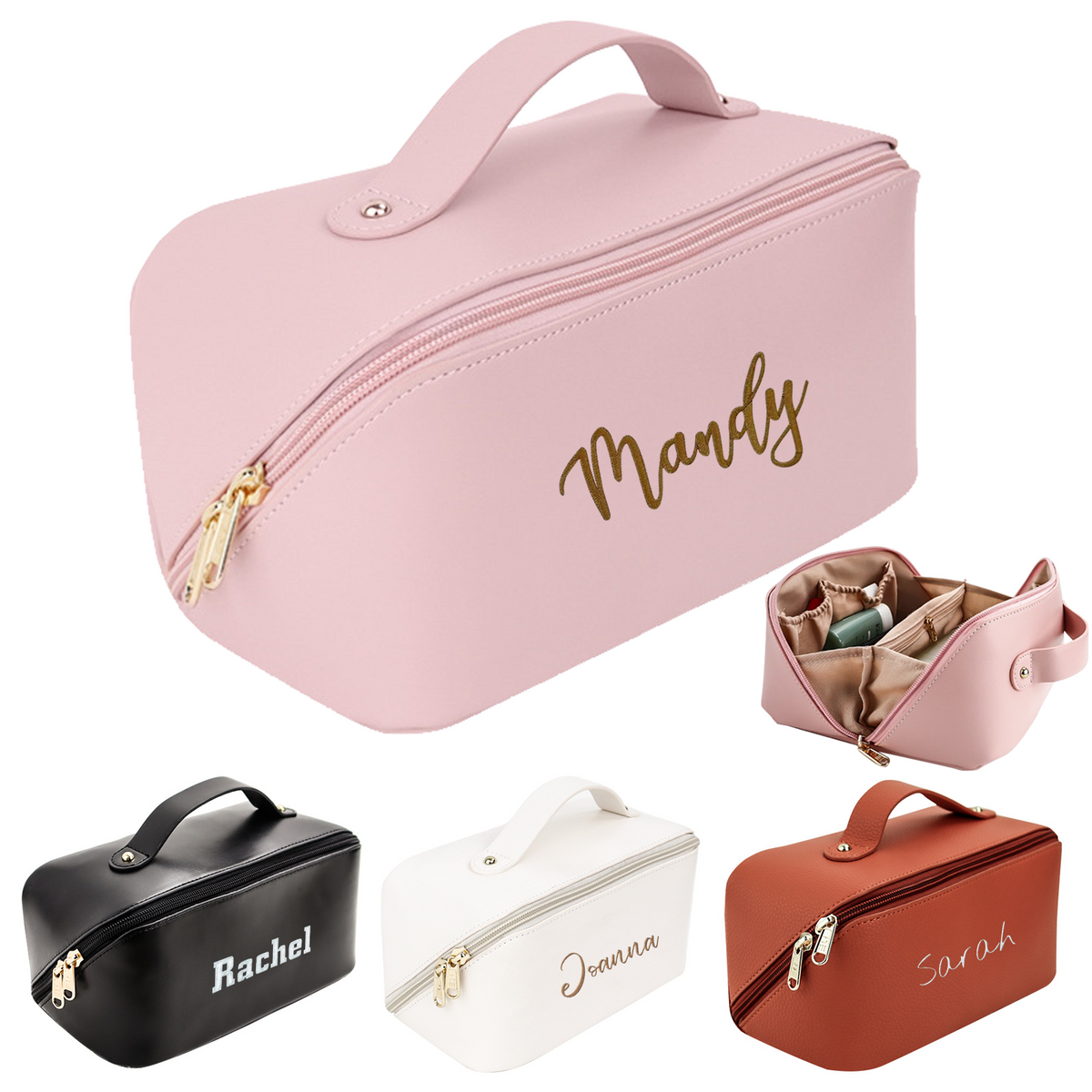 Personalized Large Capacity Cosmetic Bag Embroidered Makeup Bag with Name Portable Waterproof PU Leather Makeup Bag with Divider and Handle Travel Makeup Bag Gifts for Women Mom Bridesmaids (Embroidery)
