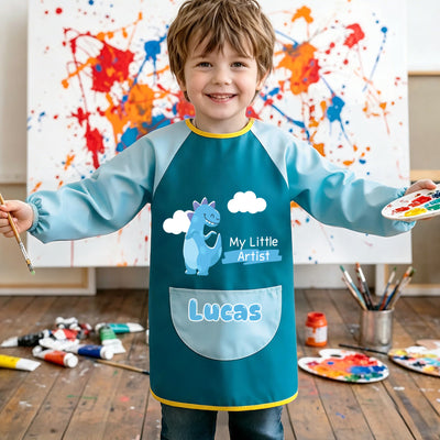 Personalized Cute Dinosaur Paint Waterproof Long Sleeve Apron with Name Text and Pocket Outdoor Activity Birthday Gift for Kids Students