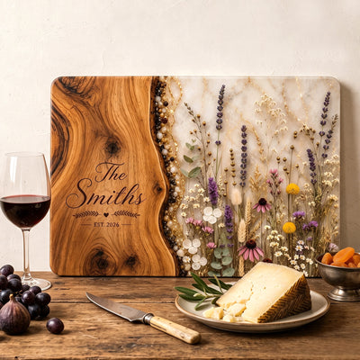 Personalized Glass Cutting Board Custom Family Name or Logo Vintage Floral Sea Design Anniversary Charcuterie Board Kitchen Decor Wedding Birthday Housewarming Mother's Day Xmas Gifts