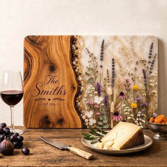 Personalized Glass Cutting Board Custom Family Name or Logo Vintage Floral Sea Design Anniversary Charcuterie Board Kitchen Decor Wedding Birthday Housewarming Mother's Day Xmas Gifts