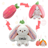 Personalized Easter Bunny Plush Rabbit Hiding in A Zip-Up Strawberry or Carrot Custom Name 100% Cotton Stuffed Plush Toy Easter Basket Stuffers Easter Fun Gifts for Kids Girls Boys
