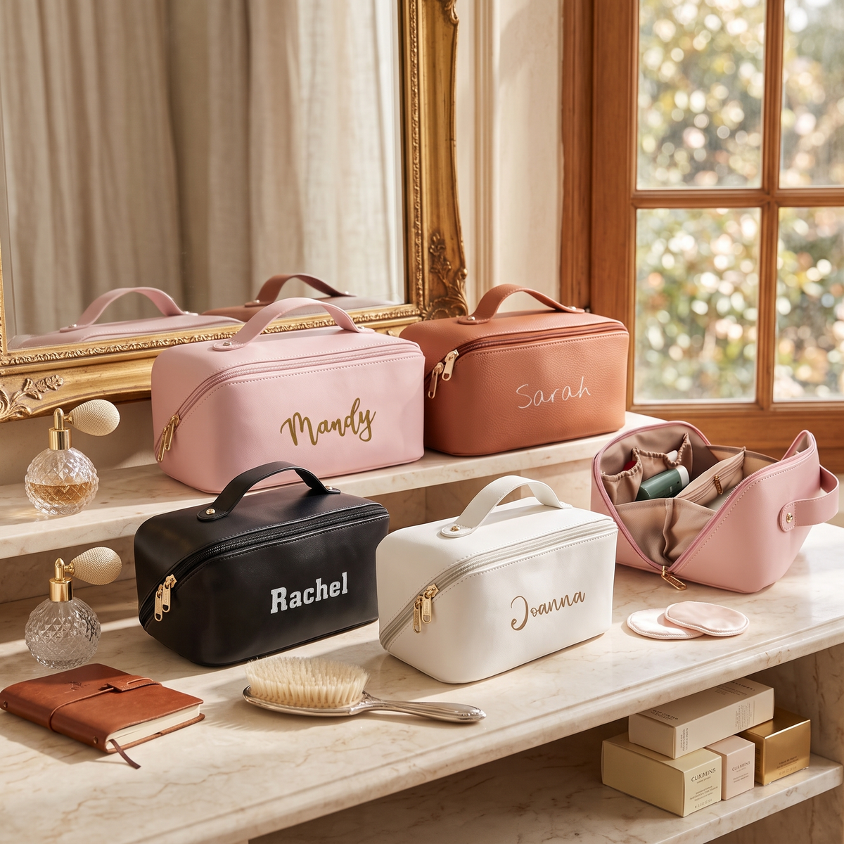 Personalized Large Capacity Cosmetic Bag Embroidered Makeup Bag with Name Portable Waterproof PU Leather Makeup Bag with Divider and Handle Travel Makeup Bag Gifts for Women Mom Bridesmaids (Embroidery)