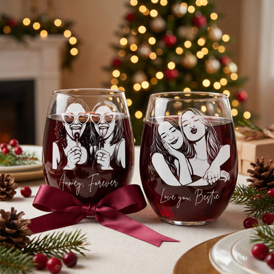 Personalized Besties Portrait Wine Glass BFF Gifts for Women Custom Photo and Name 15oz Stemless Wine Glass Soul Sister Present Gifts for Besties Sister Family Friend Bridesmaids