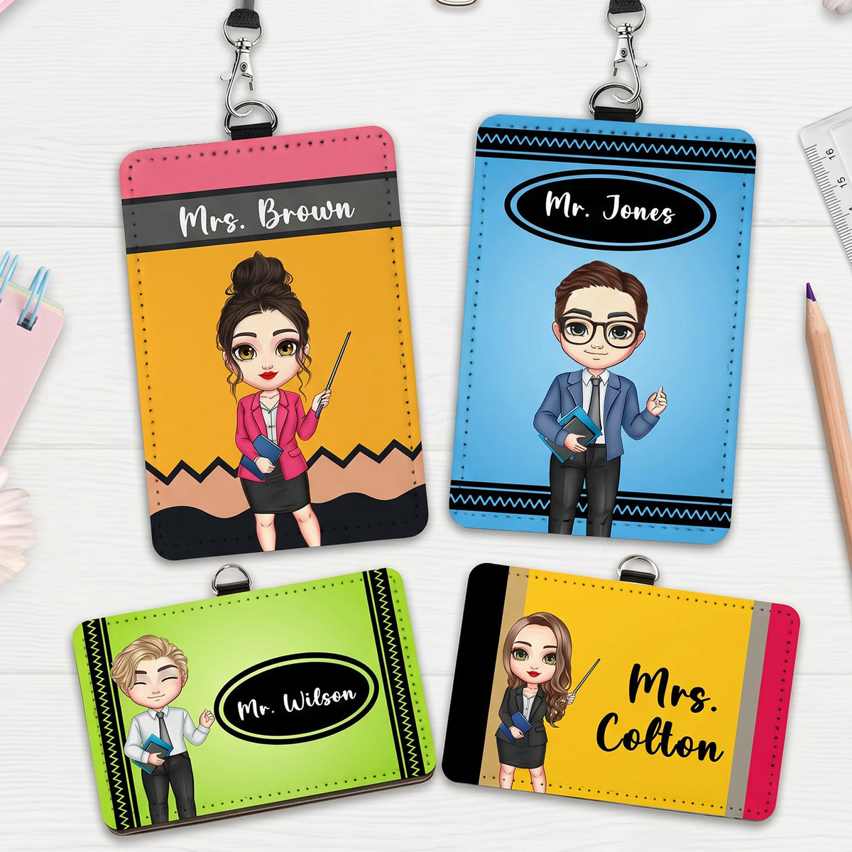 Personalized Teacher ID Badge Holder Custom Cartoon Character and Name PU Leather Card Holder with Breakaway Lanyard Teacher's Day Appreciation Back to School Gifts Teacher Must Haves