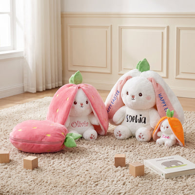 Personalized Easter Bunny Plush Rabbit Hiding in A Zip-Up Strawberry or Carrot Custom Name 100% Cotton Stuffed Plush Toy Easter Basket Stuffers Easter Fun Gifts for Kids Girls Boys