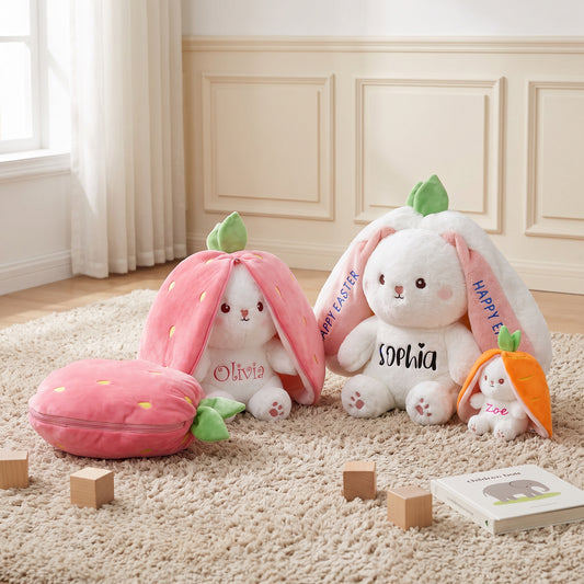Personalized Easter Bunny Plush Rabbit Hiding in A Zip-Up Strawberry or Carrot Custom Name 100% Cotton Stuffed Plush Toy Easter Basket Stuffers Easter Fun Gifts for Kids Girls Boys