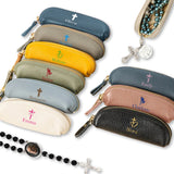 Personalized Genuine Leather Rosary Pouch, Cross Print Rosary Bag with Name