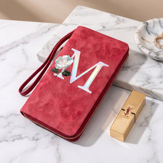 Personalized Wristlet Wallet for Women Custom Pearl Initial Birth Flower and Name PU Leather Wallet with Coin Pocket Id Window & Grip Hand Strap Mother's Day Birthday Gift for Mom Friends