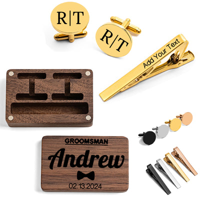 Personalised Tie Clip and Cufflinks Set with Wooden Box