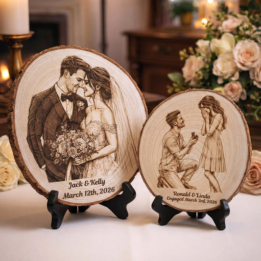Personalized Couple Photo Wood Decor Custom Engraved Portrait on Wood Slice with Display Stand Newlywed Gifts Idea Rustic Wall Art 5th Anniversary Wedding Engagement Gift for Couple