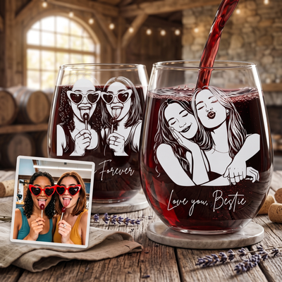Personalized Besties Portrait Wine Glass BFF Gifts for Women Custom Photo and Name 15oz Stemless Wine Glass Soul Sister Present Gifts for Besties Sister Family Friend Bridesmaids