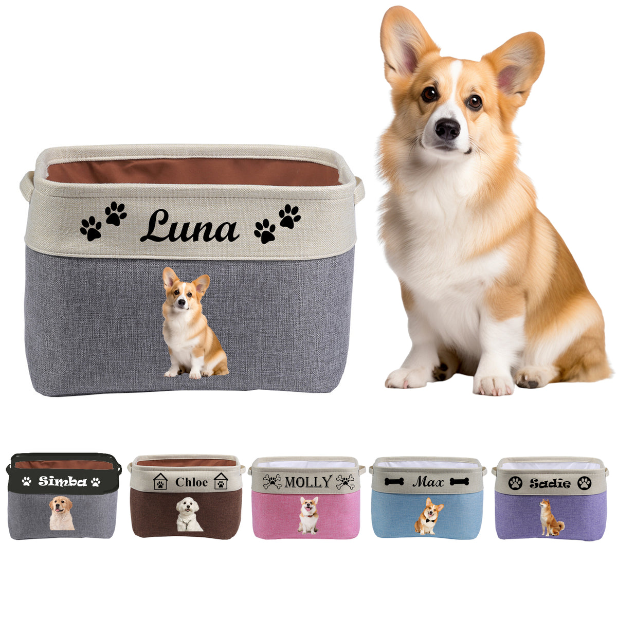Personalized Dog Toy Basket, Custom Dog Toy Box with Pet's Name & Photo