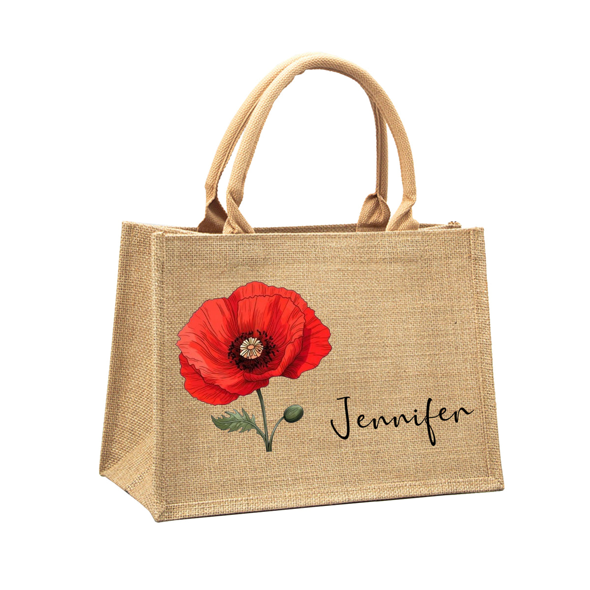 Personalized Birth Flower Beach Jute Tote Bag Trip Bag with Name