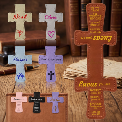 Personalized Magnetic Christian Bookmarks Custom PU Leather Bookmark with Name & Bible Verses Catholic Cross Book Marks Religious Gifts for Women Students Teachers Father Book Lovers