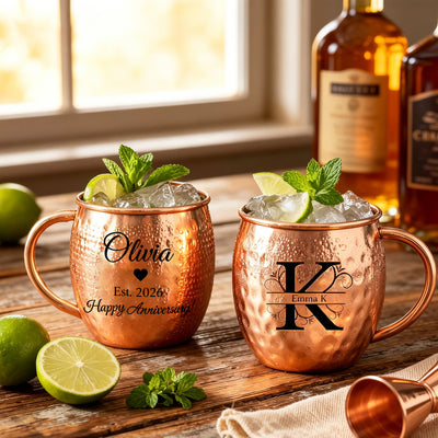 Personalized Moscow Mule Copper Mug 100% Pure Copper Mug Custom Engraved Initials and Name  Large 16 oz Rustic Bar Drinkware Hammered Cocktail Cup Wedding Anniversary Birthday Xmas Gift
