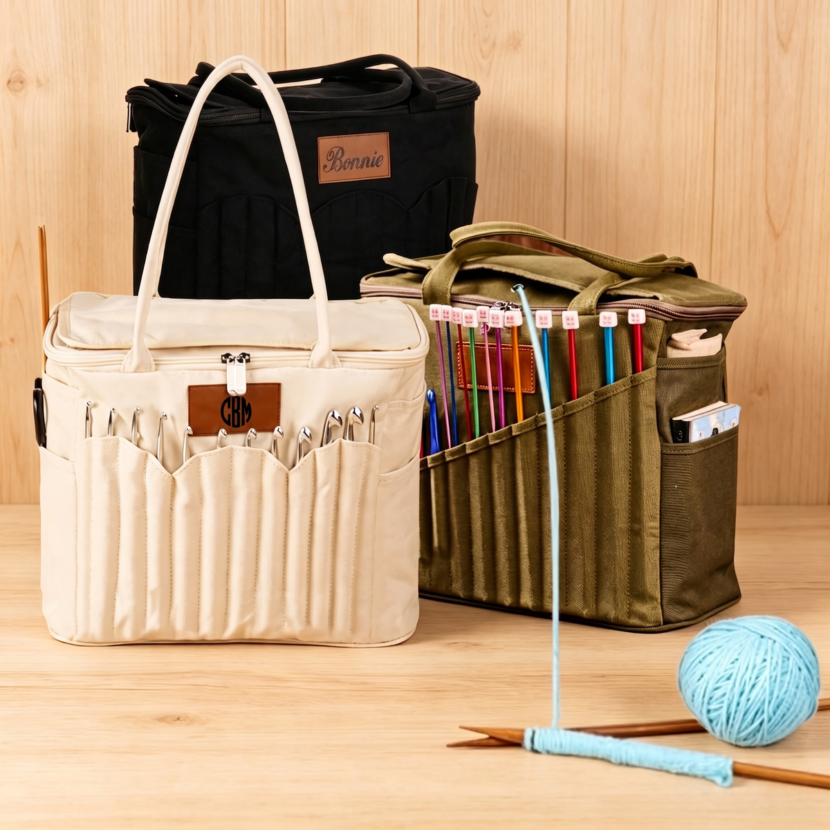 Personalized Knitting Bag with Name Leather Patch Canvas Yarn Bag Yarn Holder for Crochet Lovers Pottery Tool Bag Art Supply Storage Student Artist Gift Mother's Day Gift Birthday Gifts