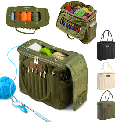 UIDMEN Personalized Name Crochet Bag Stylish Yarn Bag for Crochet and Knitting Projects Canvas Crochet Organizer with Multiple Pockets and Yarn Holes Knitting Bag for Crochet Lovers Mom Grandma