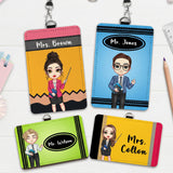 Personalized Teacher ID Badge Holder Custom Cartoon Character and Name PU Leather Card Holder with Breakaway Lanyard Teacher's Day Appreciation Back to School Gifts Teacher Must Haves