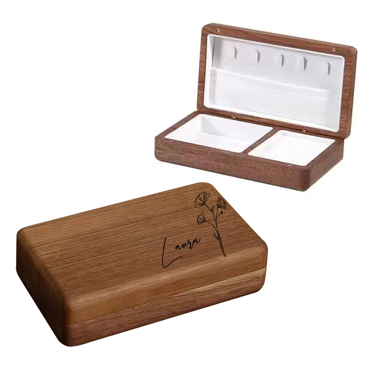 Personalized Wooden Jewelry Box, Travel Jewelry Case, Large Storage, Ring Compartments, Built in Necklace Hooks