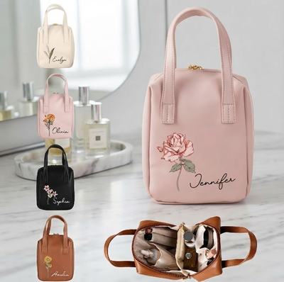 Personalized Birth Flower Makeup Bag with Name