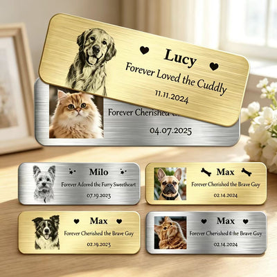 Personalized Name Plates with Photo Custom Stainless Steel Plate for Small Urns Name Plate with Adhesive Backing for Memorial Plaque Picture Frame Art Tag Flag case Gifts for Pet Lovers