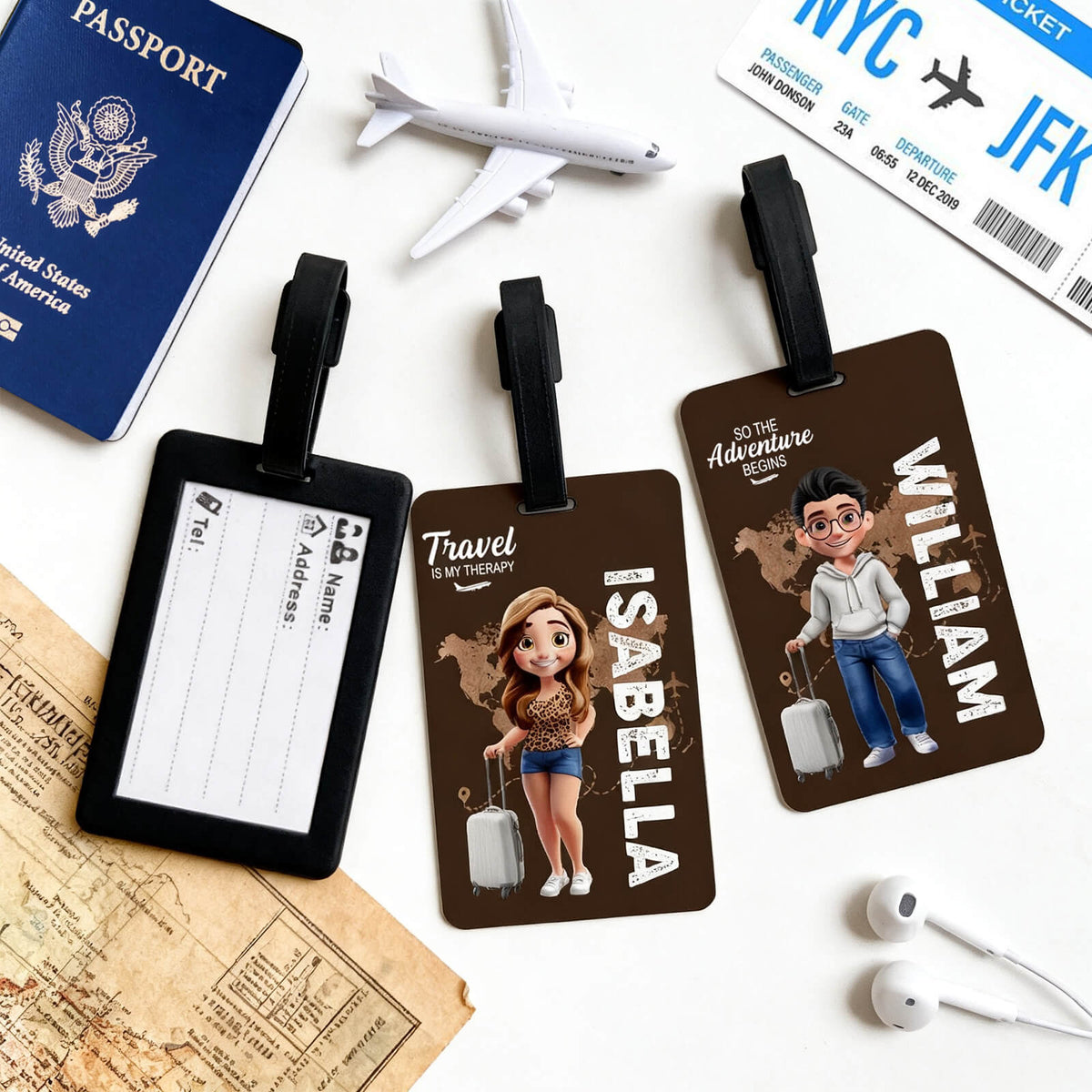 Personalized Travel Luggage Tag Custom Cartoon Character and Name Unisex Travel Accessories Essentials with Blank Insert Card Birthday Gifts for Men Women Family Friends Travel Lovers