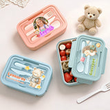 Personalized Cartoon Animal Photo Microwavable Lunch Box with Name Text and Cutlery Picnic Outdoor Activity Use Back to School Gift for Students